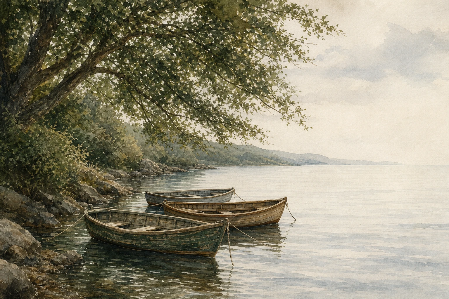 A sheltered inlet with small boats beneath mature trees, illustrated in restrained watercolor.