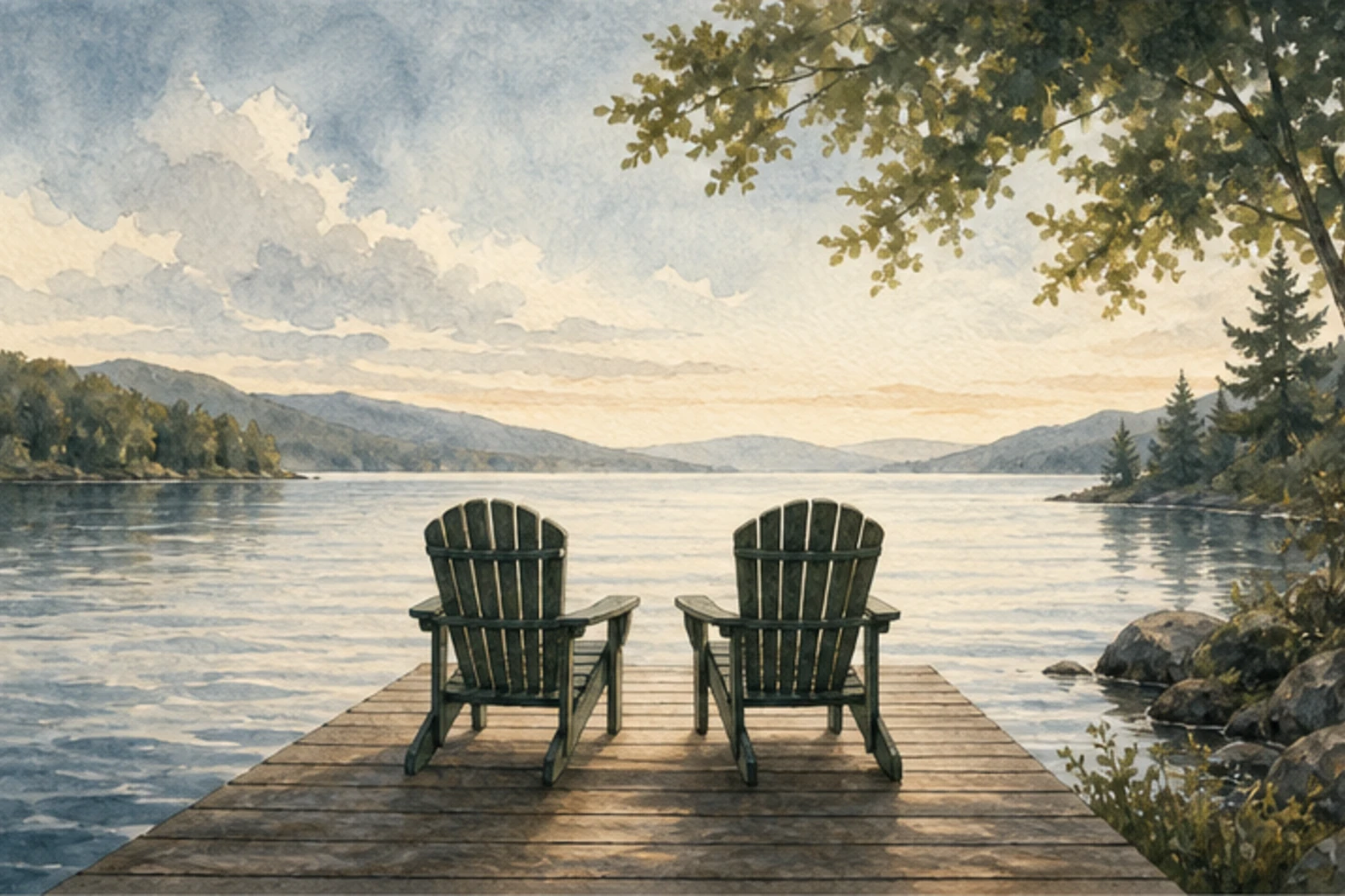 A quiet shoreline and open water rendered as a calm editorial landscape.