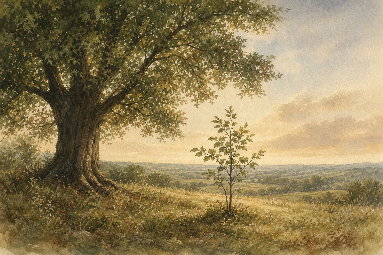 A young tree growing beneath the canopy of an established woodland in a watercolor landscape.